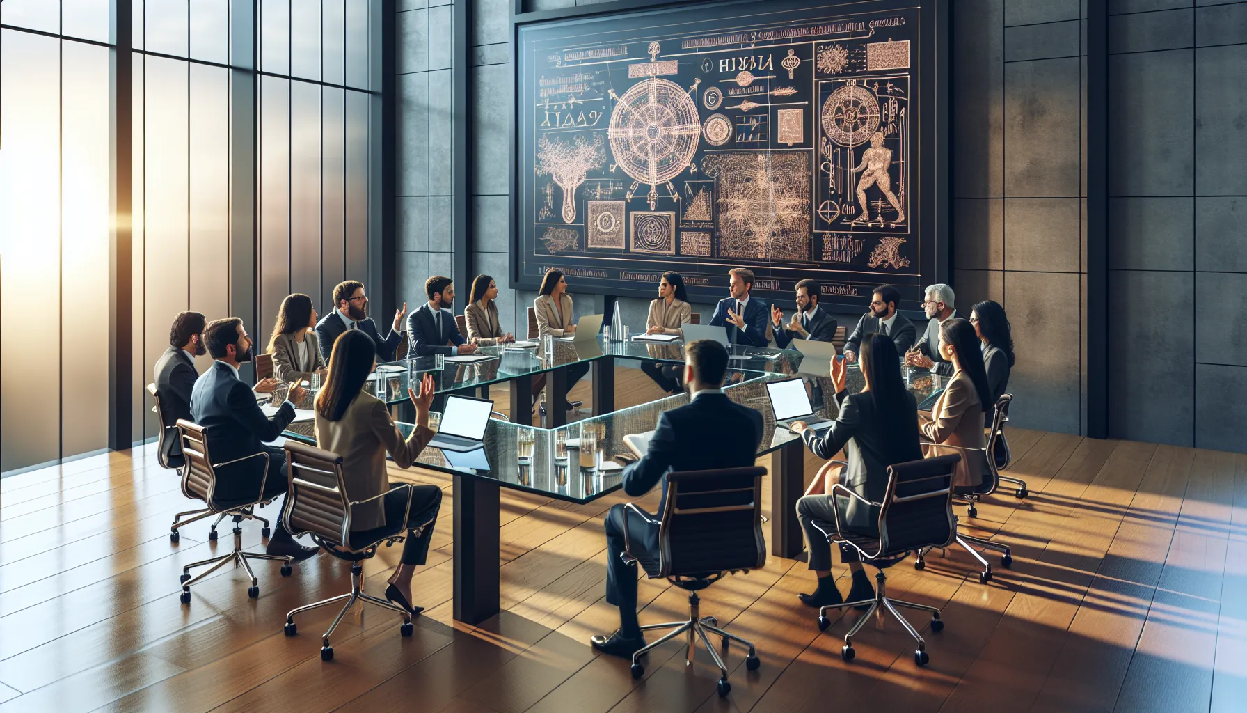 Diverse scholars discussing the etymology of 'цуицфн' in a modern office.