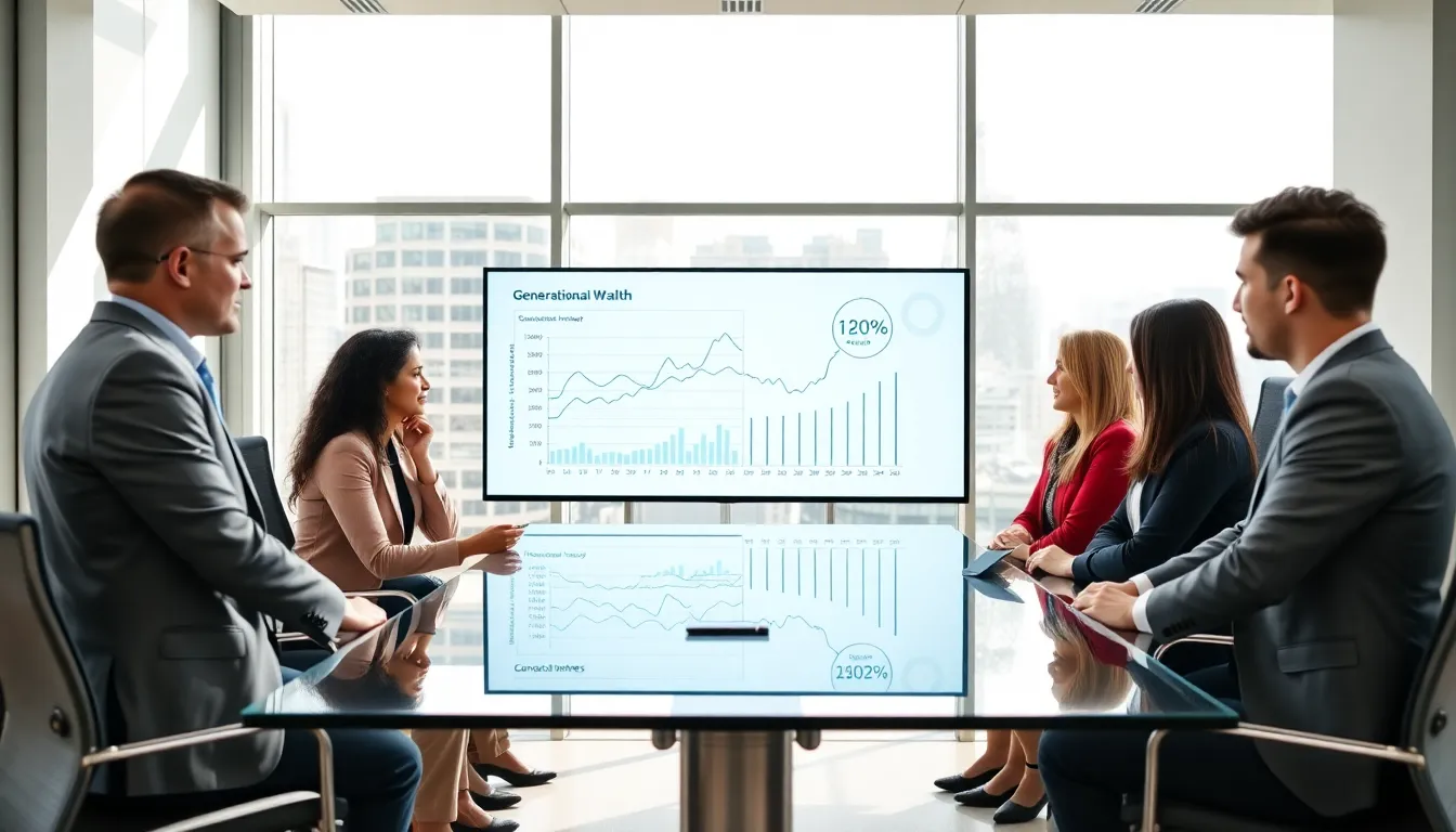 diverse professionals discussing generational wealth strategies in a modern office.