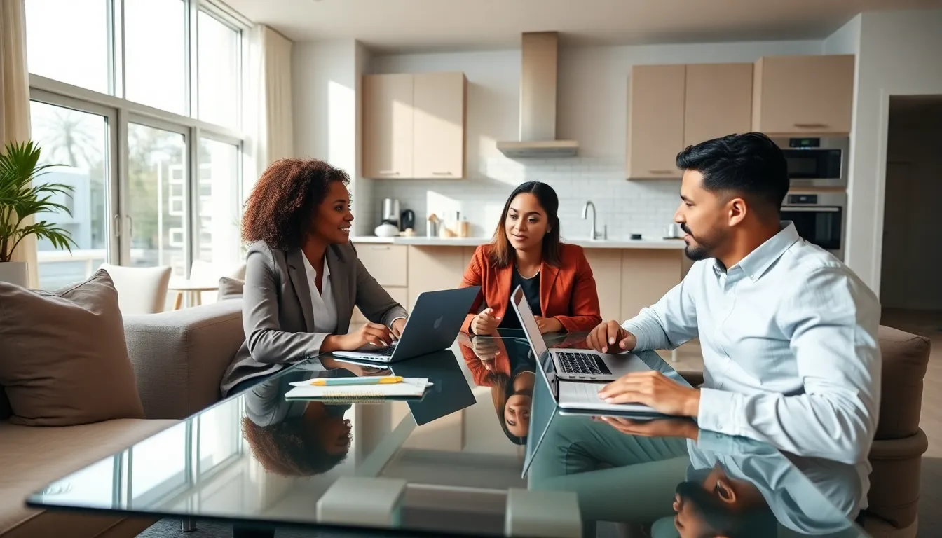 professionals discussing house rental needs in a modern living space.