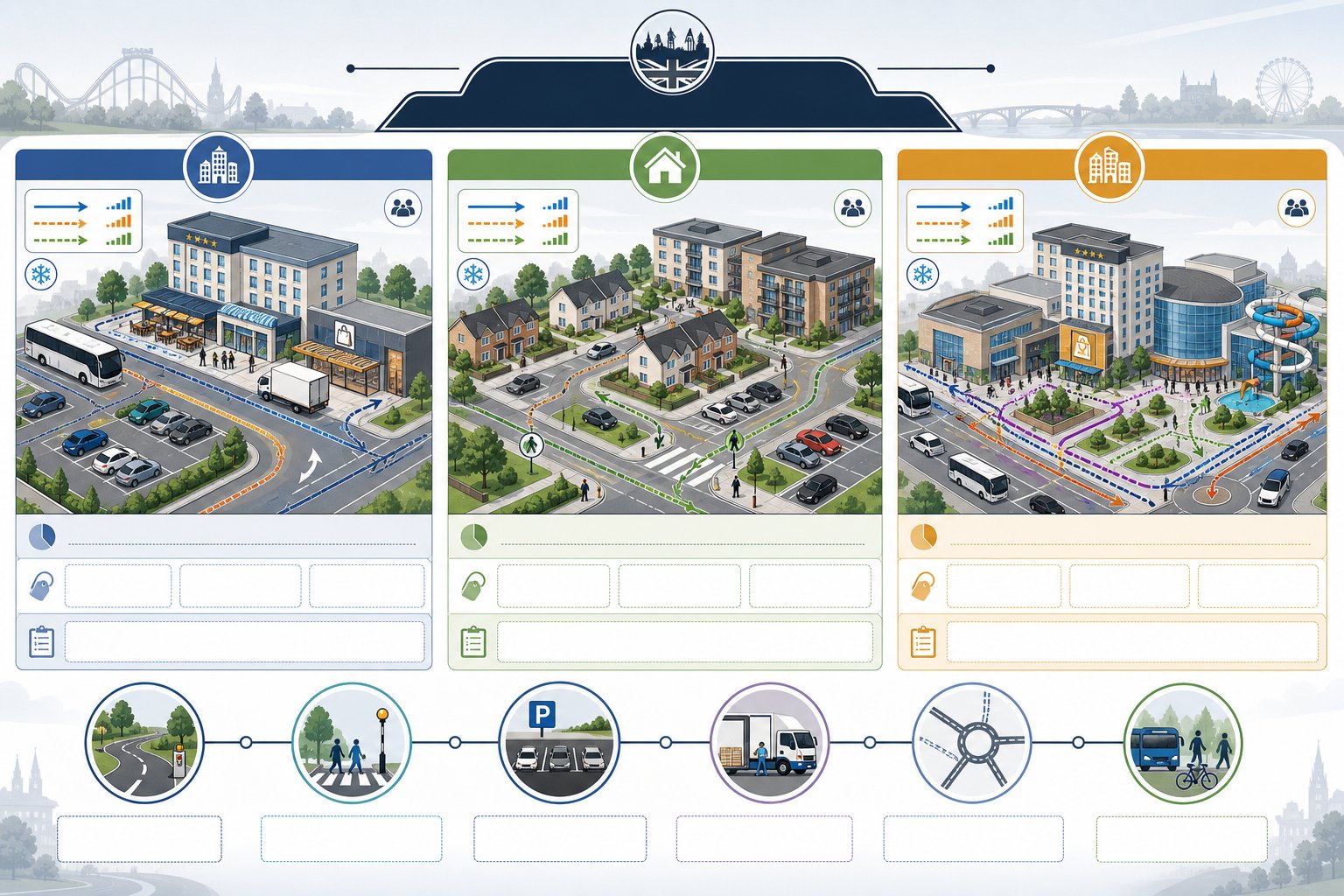 Infographic comparing transport needs for commercial, residential, and mixed-use developments.