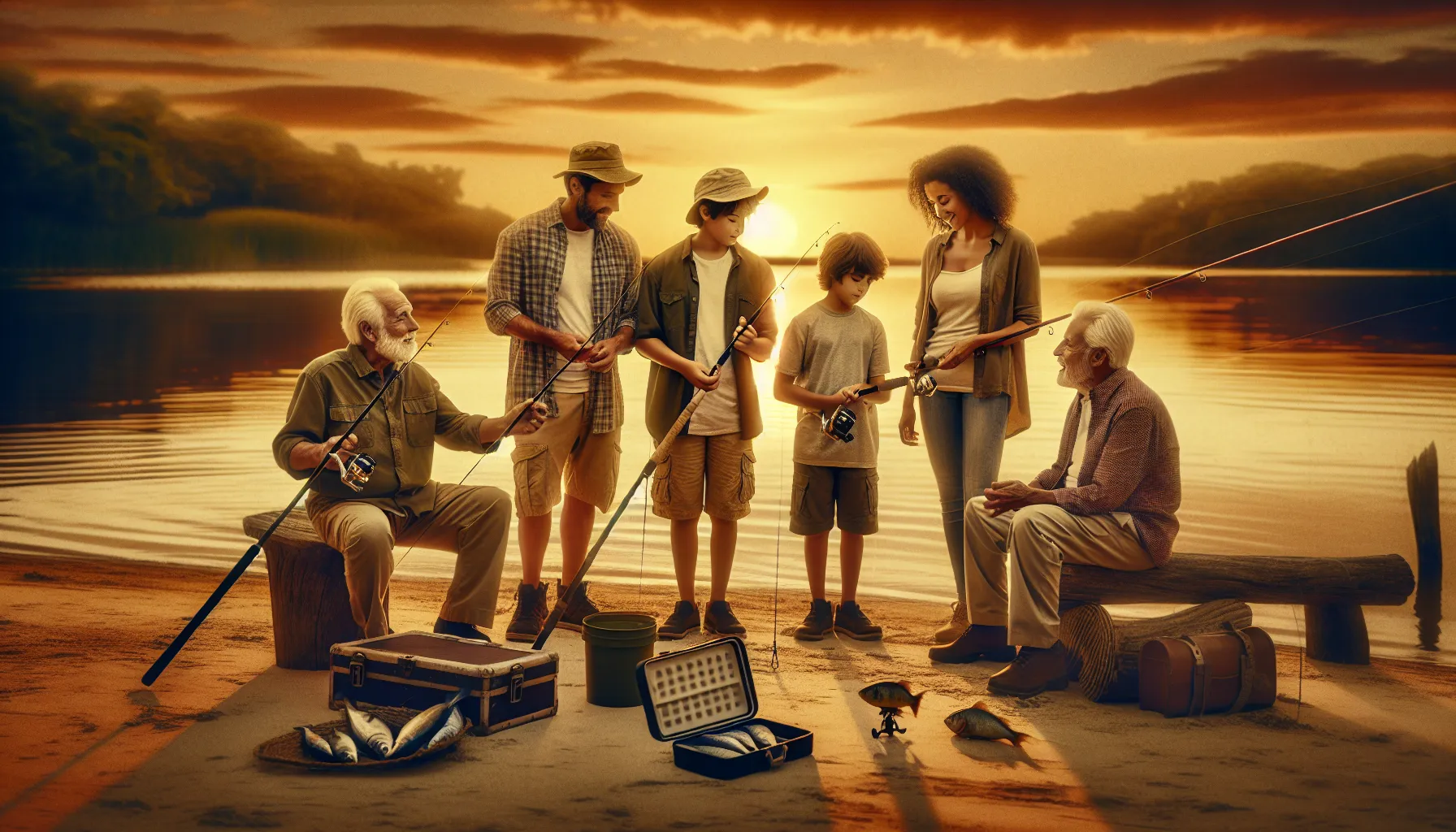 A family fishing by the lake during sunset, showcasing their traditions.