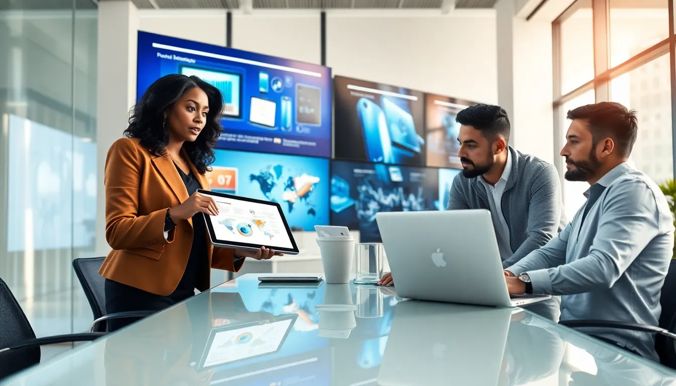 diverse team discussing consumer electronics in a modern office.