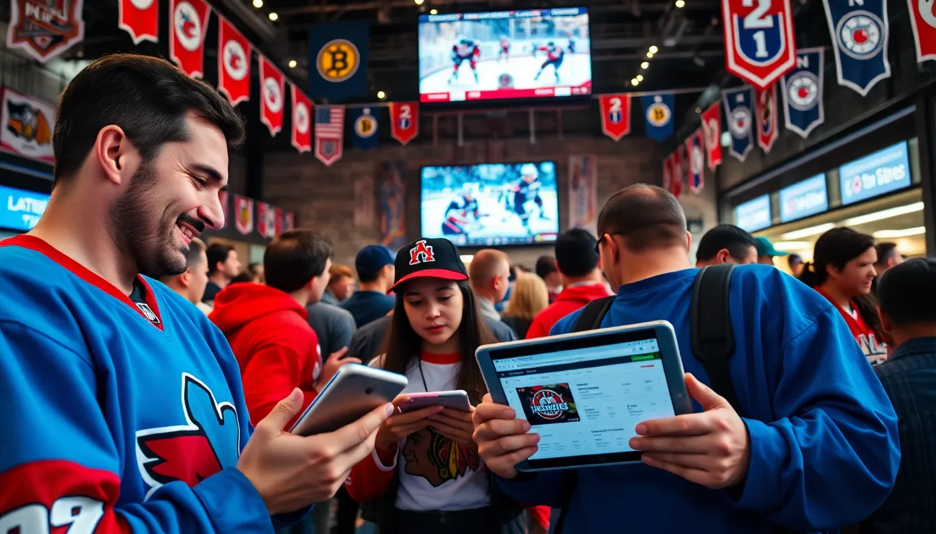 fans discussing hockey statistics in a lively fan zone.