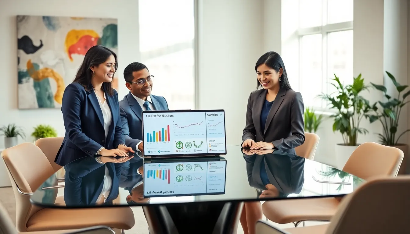 diverse professionals discussing toll-free number strategies in a modern office.