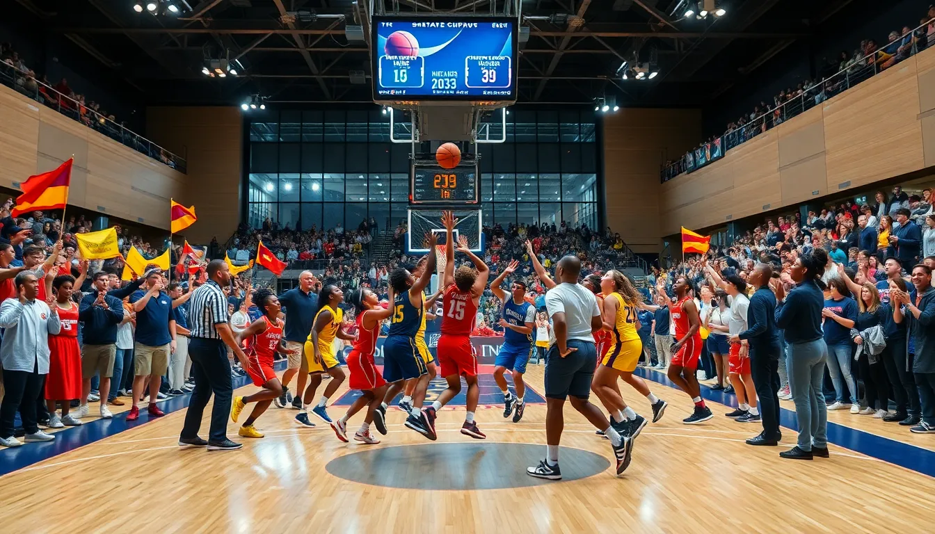 athletes competing in Sffarebasketball Cups 2023 amidst cheering fans.