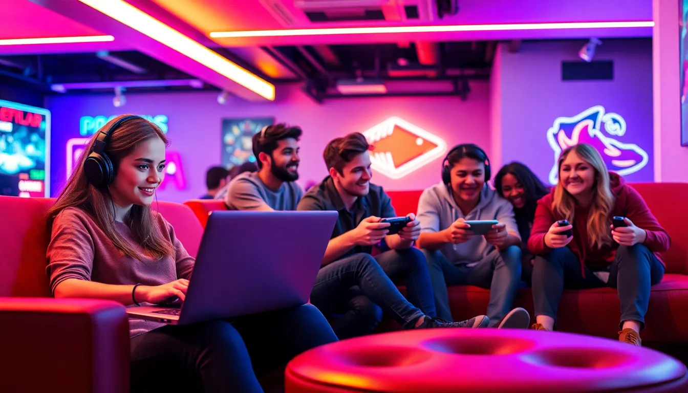 diverse gamers enjoying an online gaming platform in a modern lounge.