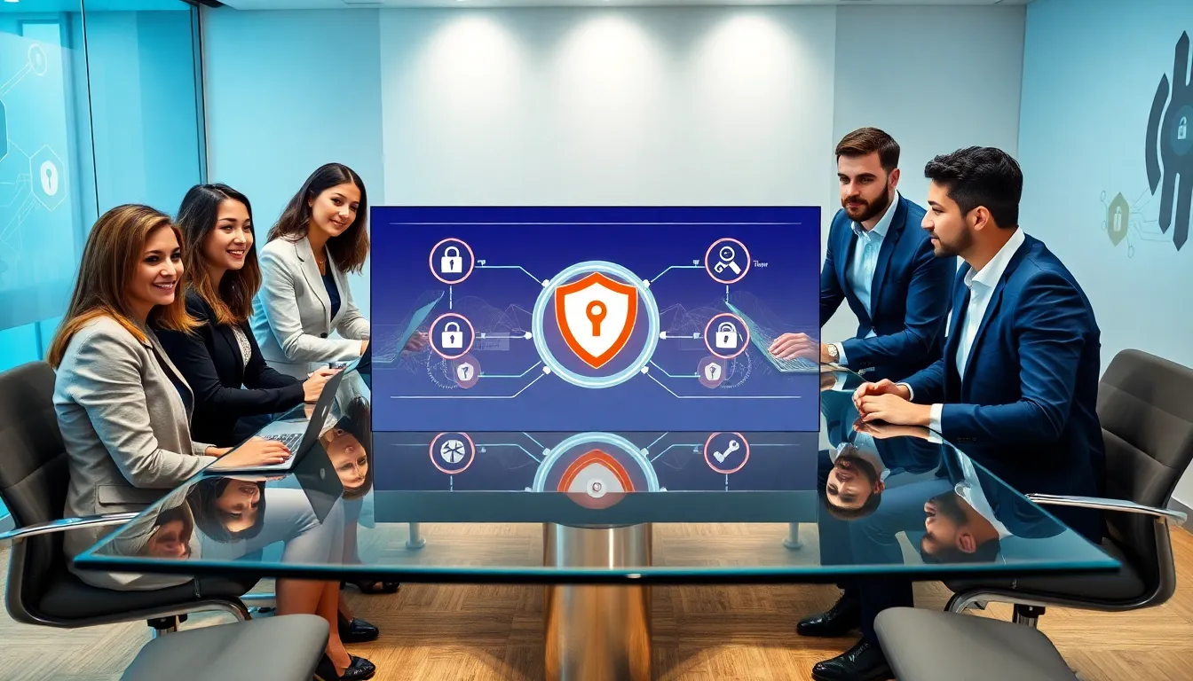 diverse team discussing network security in a modern office.