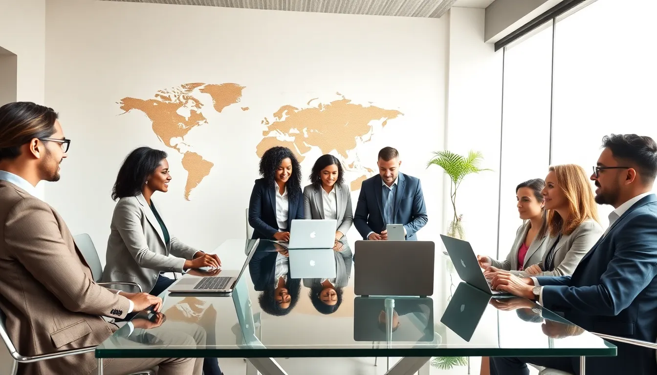 diverse professionals discussing the concept of gjacalne in a modern office.
