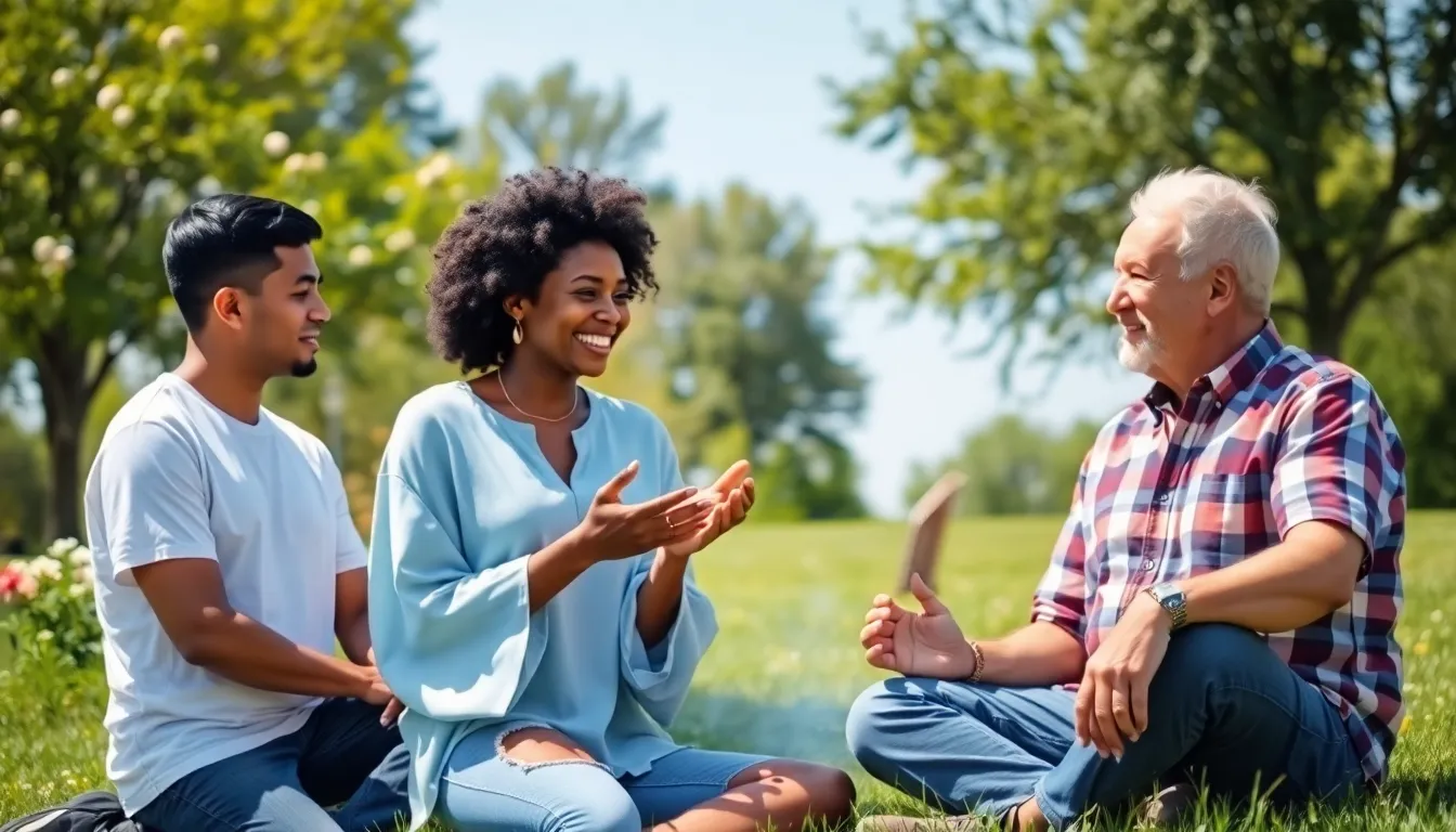 a diverse group discussing emotional resilience in a sunlit park.