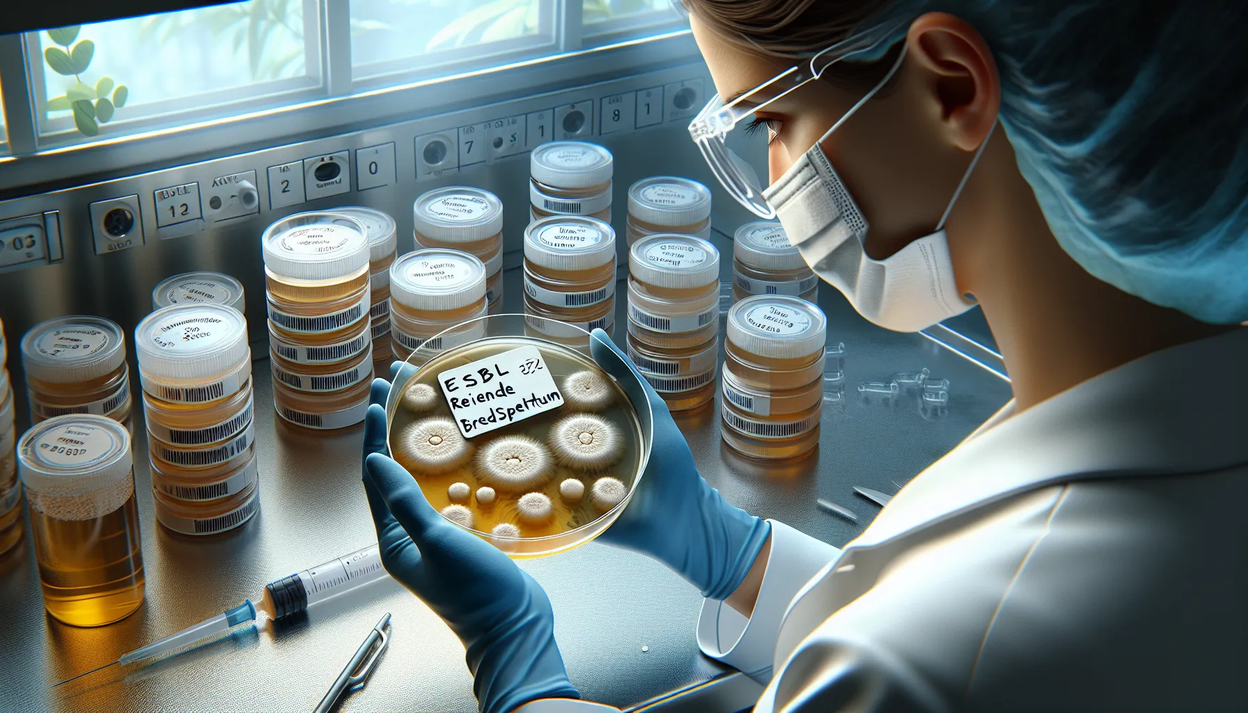 Gloved scientist inspects resistant bacteria petri dish in norwegian hospital lab.