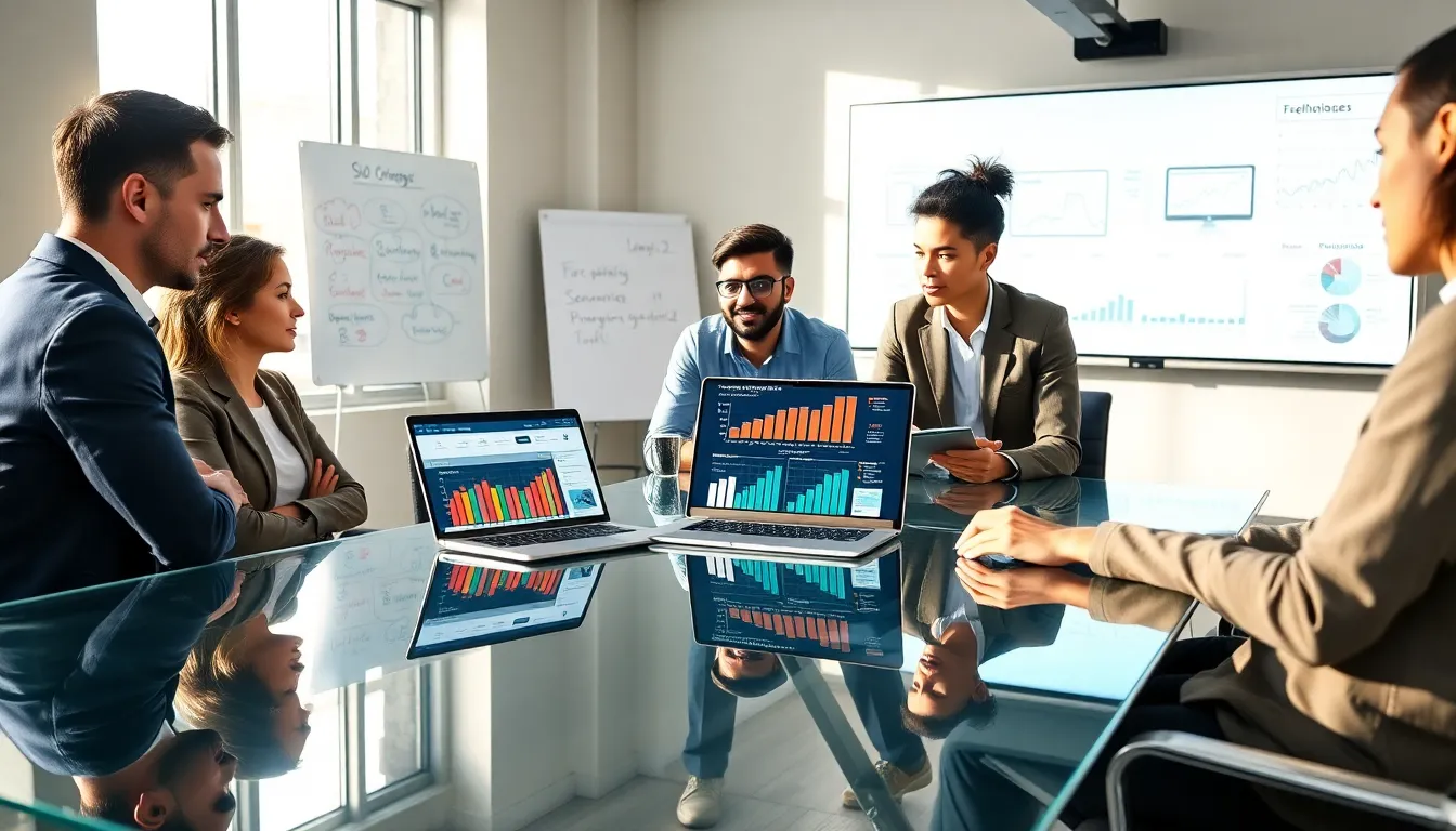 professionals discussing SEO strategies in a modern office.