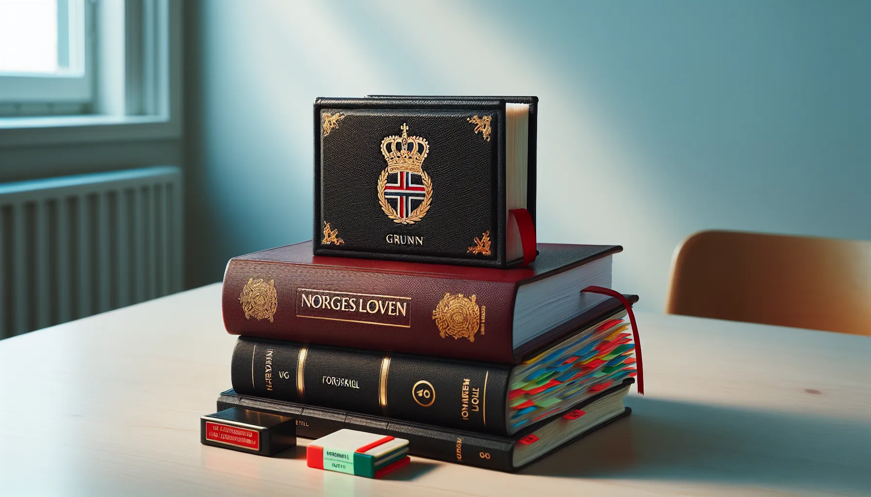 Stacked Norwegian Constitution, law book, and regulation binder in an Oslo office.