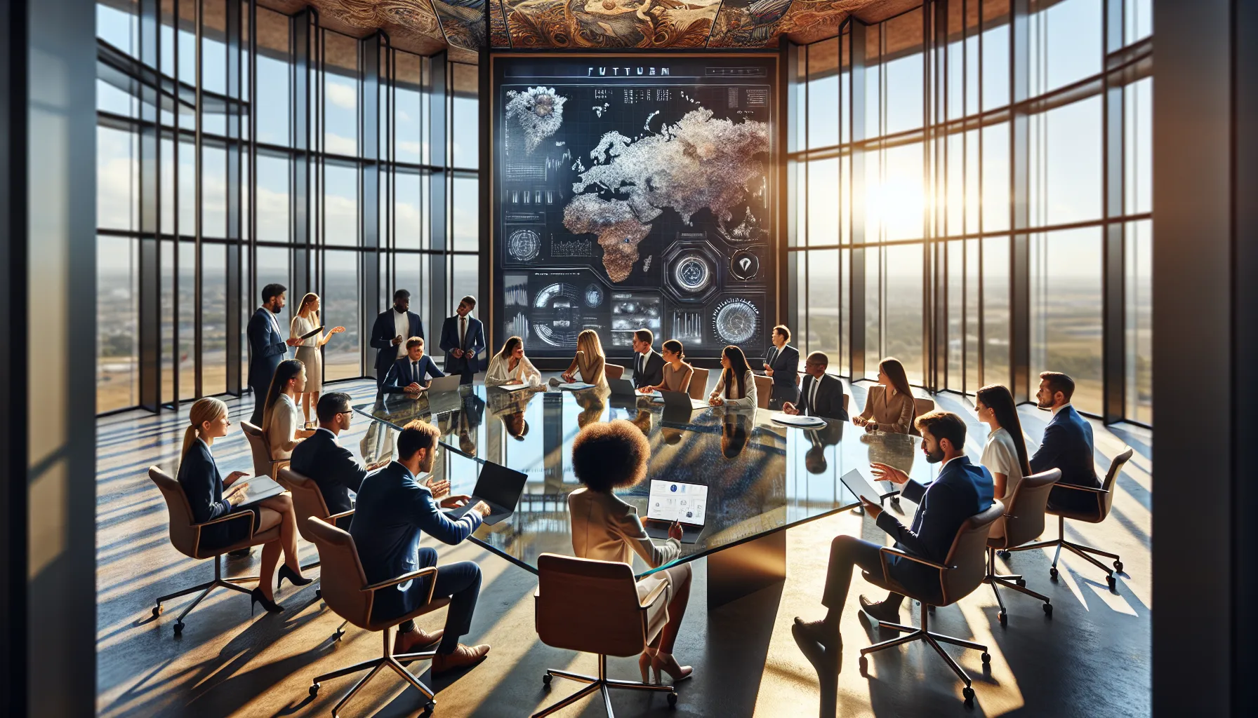 diverse professionals discussing future perspectives in a modern conference room.