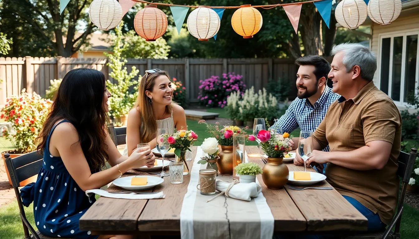 diverse friends enjoying a backyard thrifty event with simple decorations.