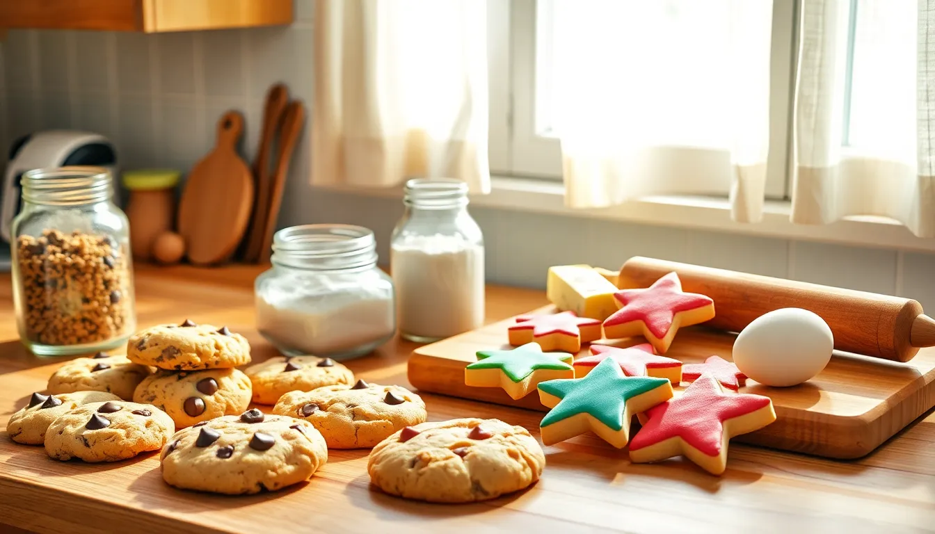 a cozy kitchen scene with various cookies, baking ingredients, and warm light.