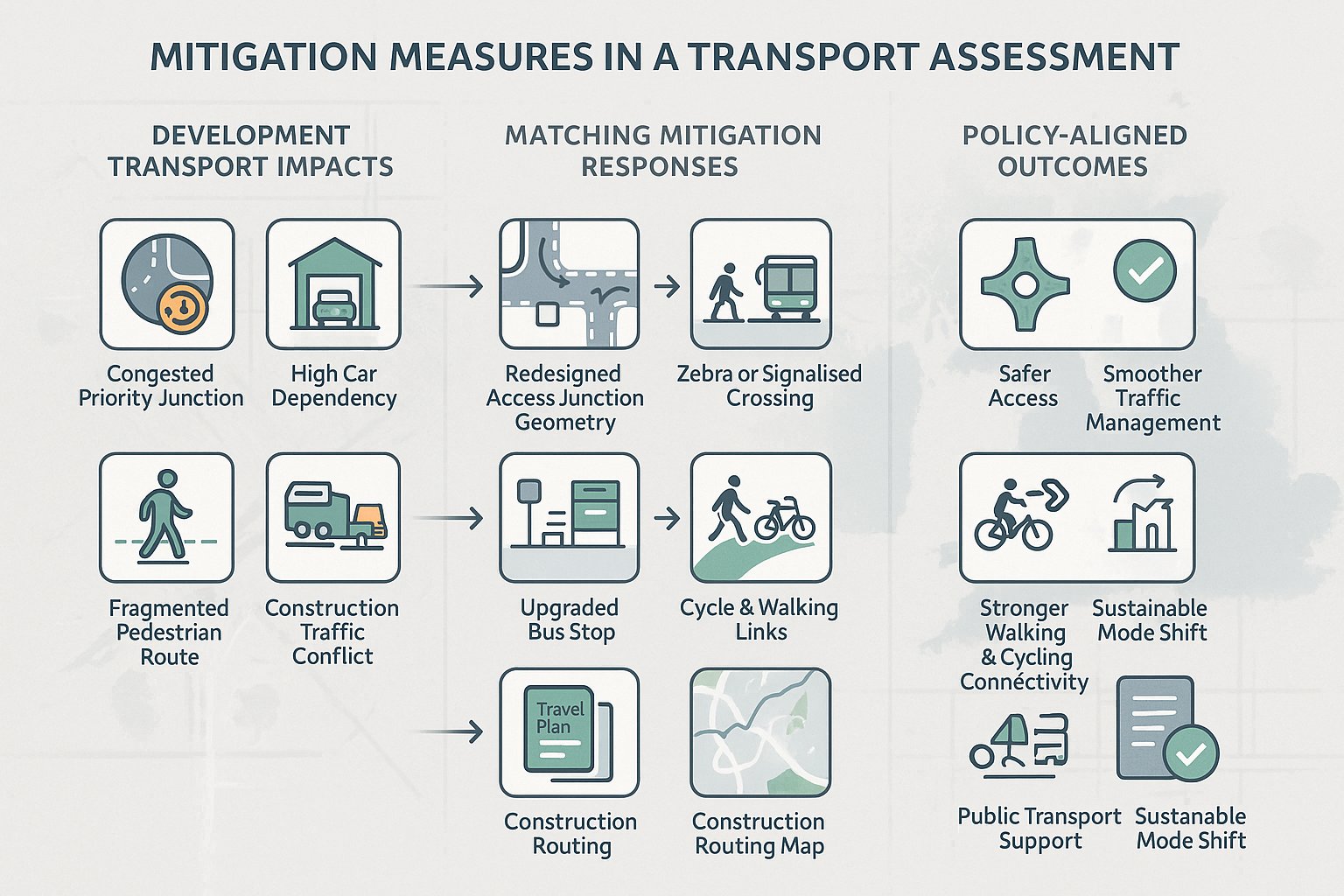 Transport assessment infographic linking impacts to mitigation measures and sustainable outcomes.