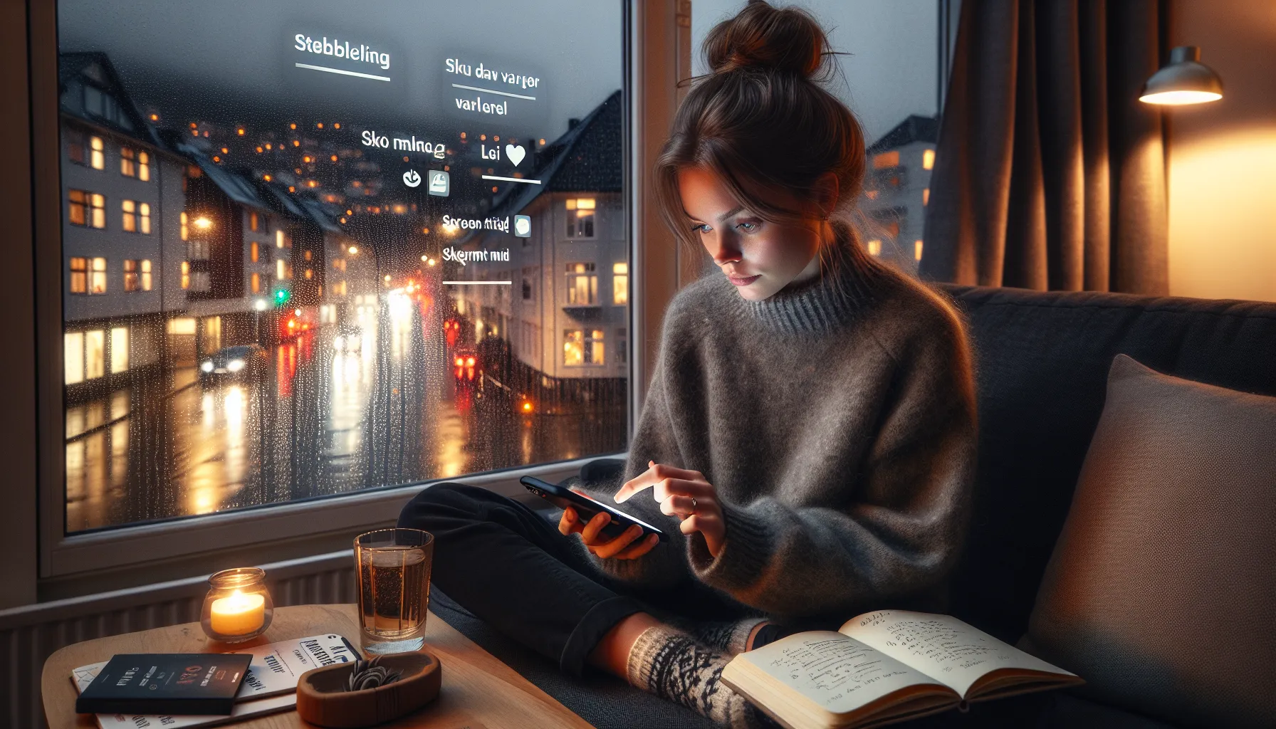 Woman disables shopping alerts while logging impulse triggers on a rainy evening.