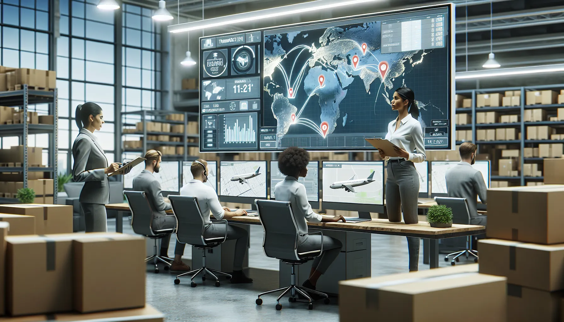 diverse team monitoring logistics in a modern office.