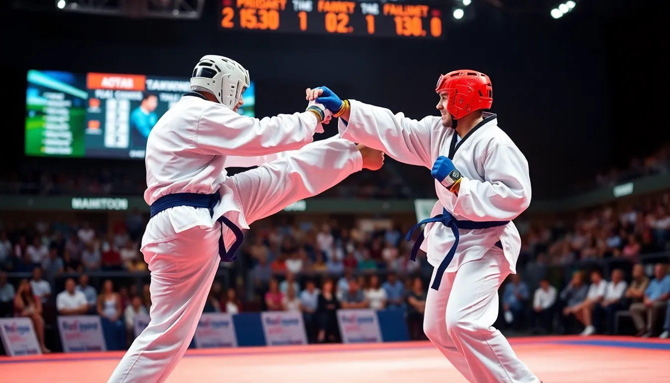 action-packed Taekwondo bout in a competitive arena.