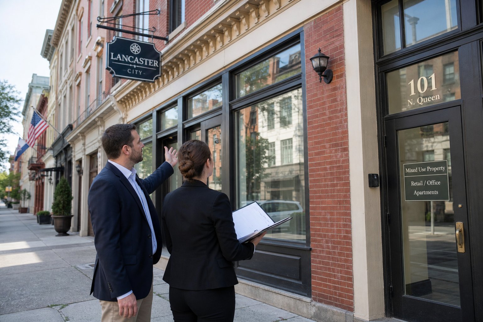 Professionals discussing financing outside a mixed-use commercial property in Lancaster.