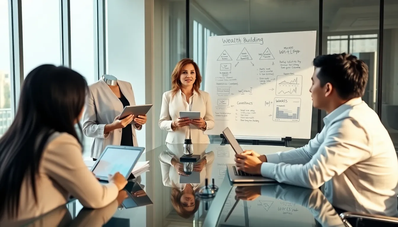 diverse professionals discussing financial literacy in a modern office.