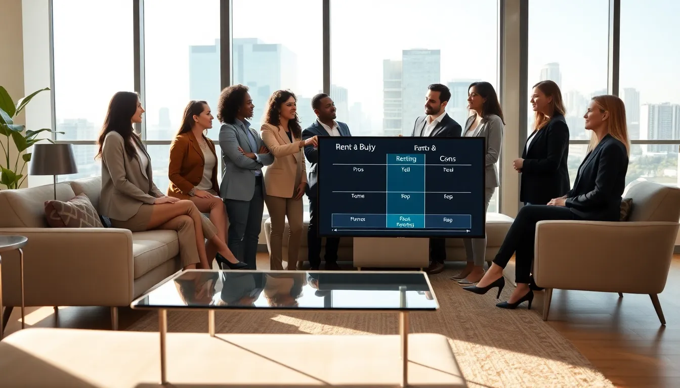 Professionals discussing renting vs buying in a modern living space.