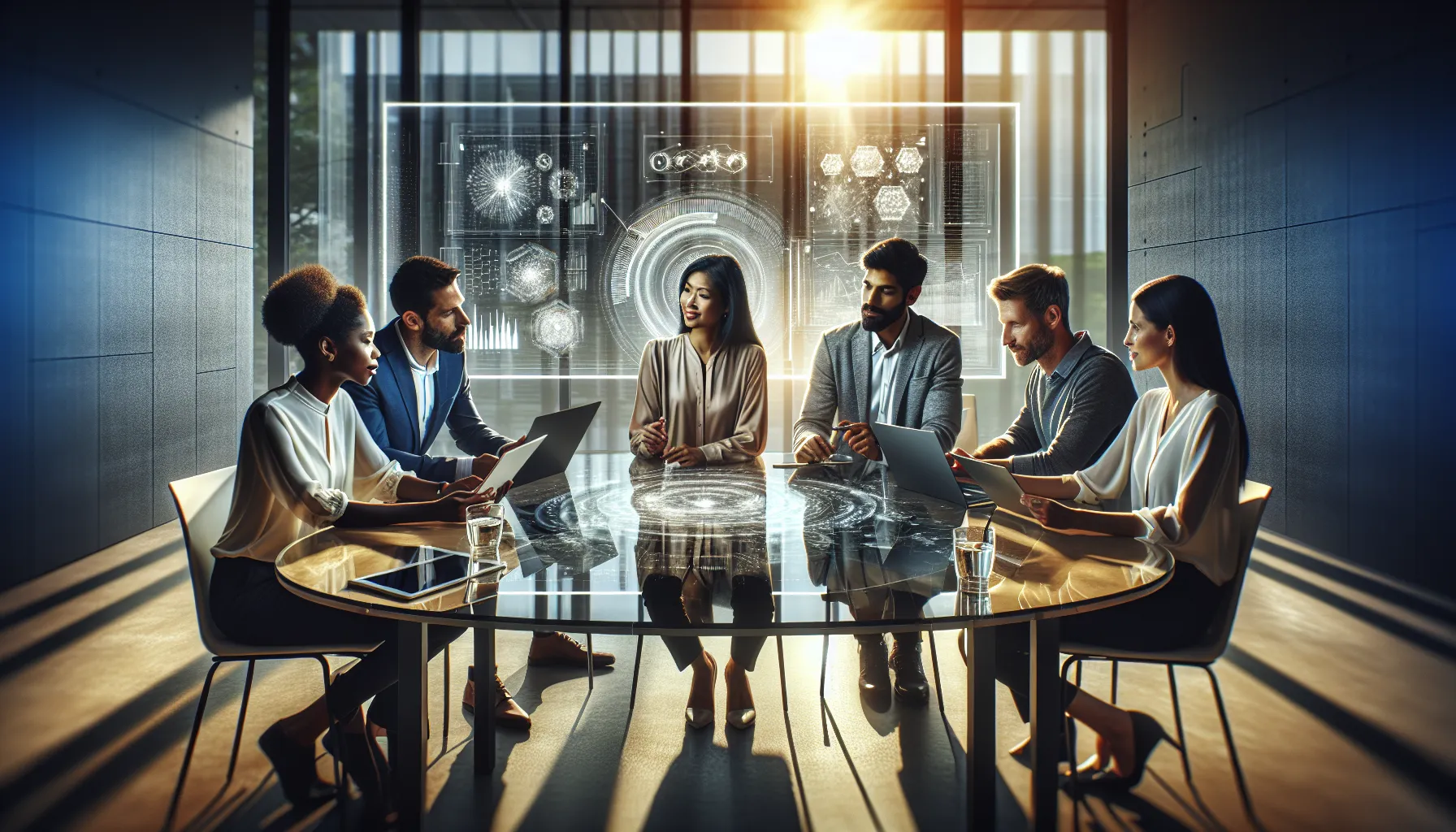 diverse team discussing Emwatki6 in a modern office setting.