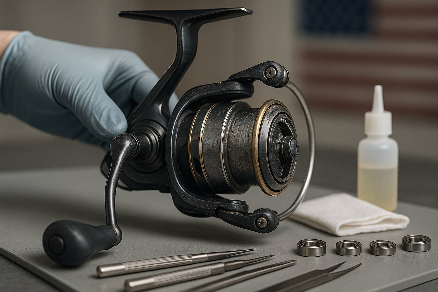 Fishing reel being inspected for rough reeling on a clean workbench.