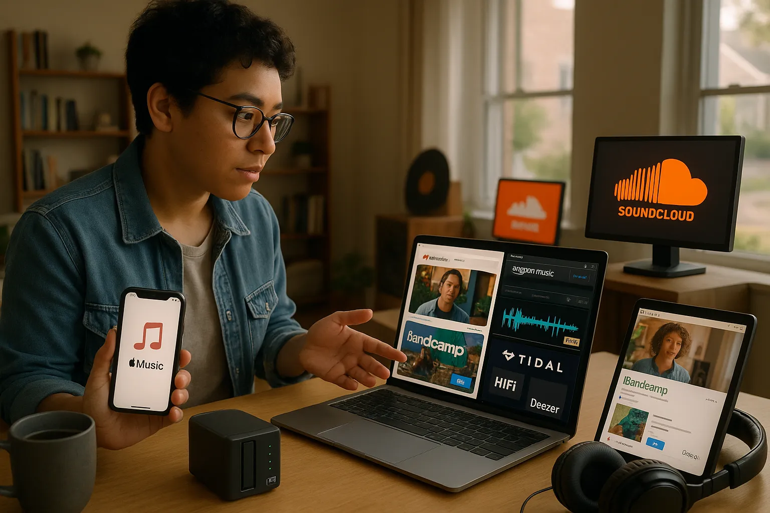 Person comparing multiple music streaming apps on devices at a desk.