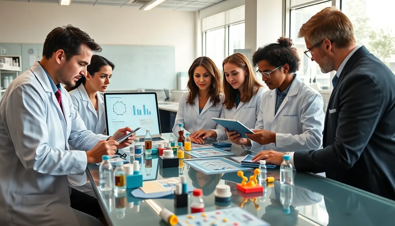 scientists collaborating in a modern pharmaceutical lab.