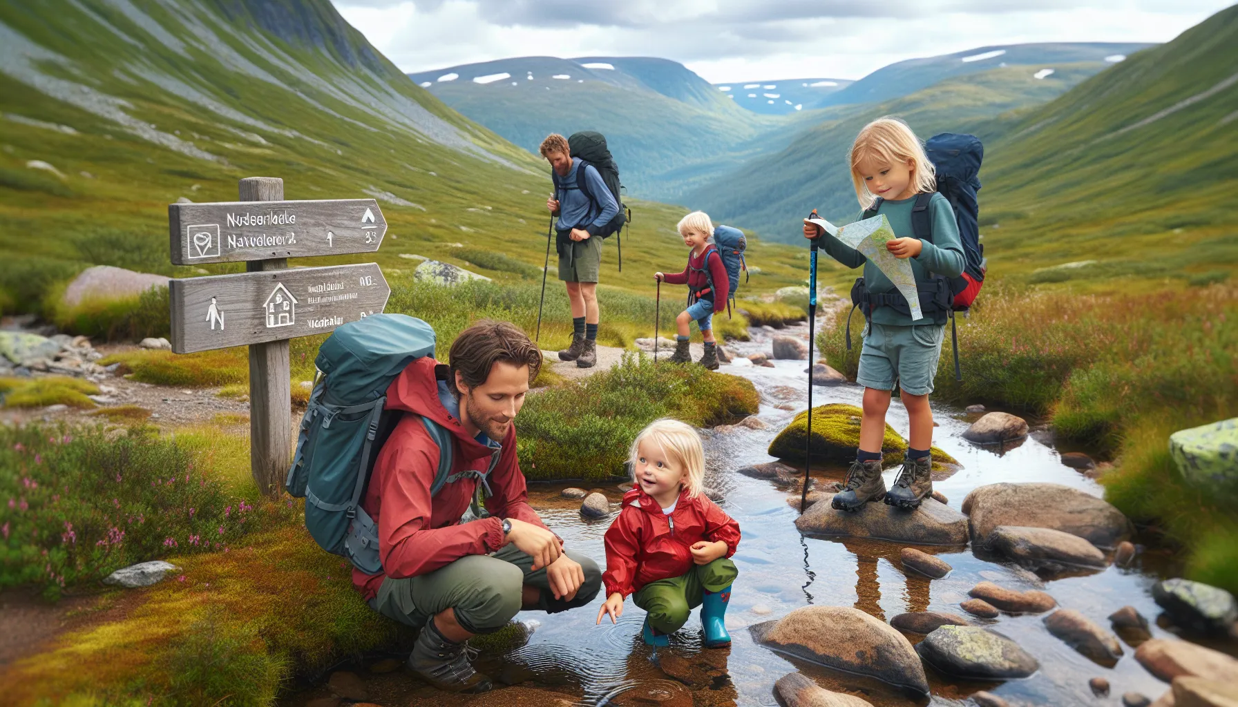 De beste aktivitetene for familievennlige turer 3 Norwegian family with children of different ages hiking on an easy mountain trail.