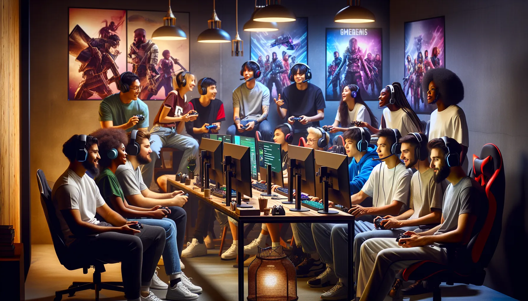diverse gamers collaborating in a modern gaming event.