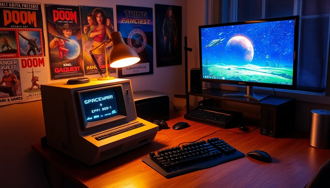 a nostalgic gamer’s room showcasing the evolution of PC gaming.