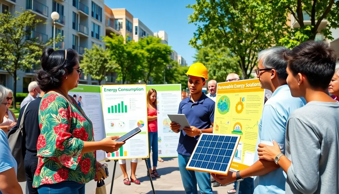 Community members discussing energy solutions around an interactive display.