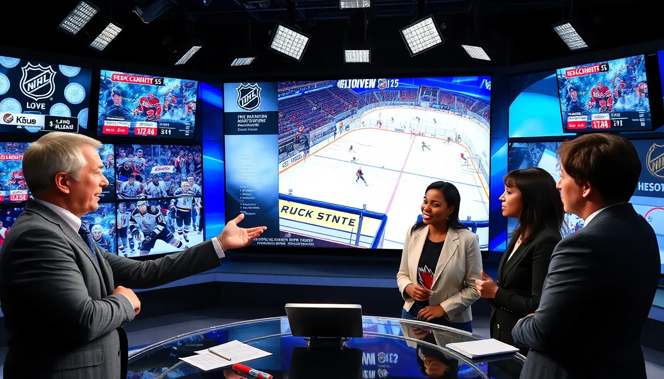 hockey analysts discussing game highlights in a vibrant sports newsroom.