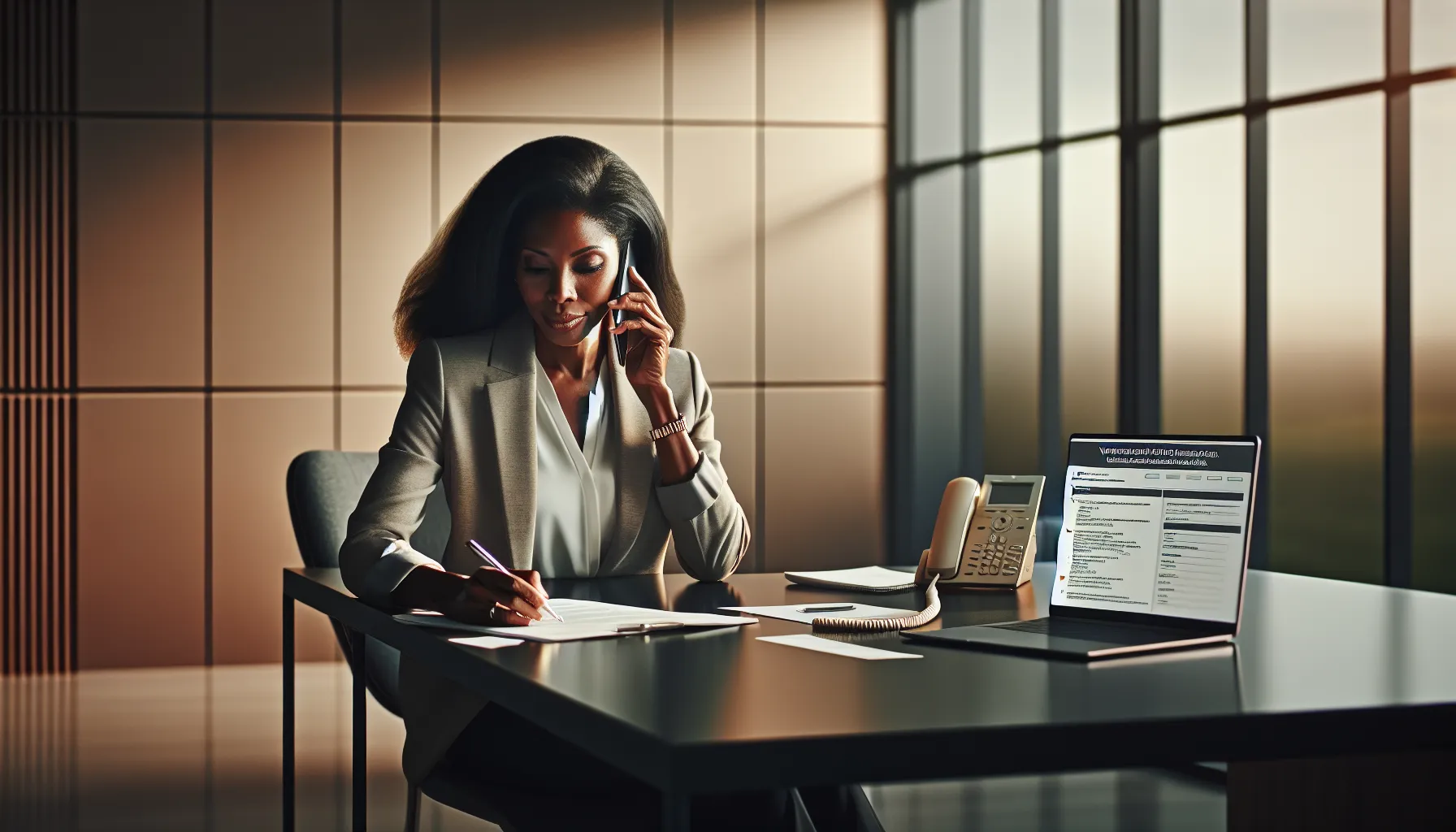 woman reviewing safety tips while on a phone call in a modern office.