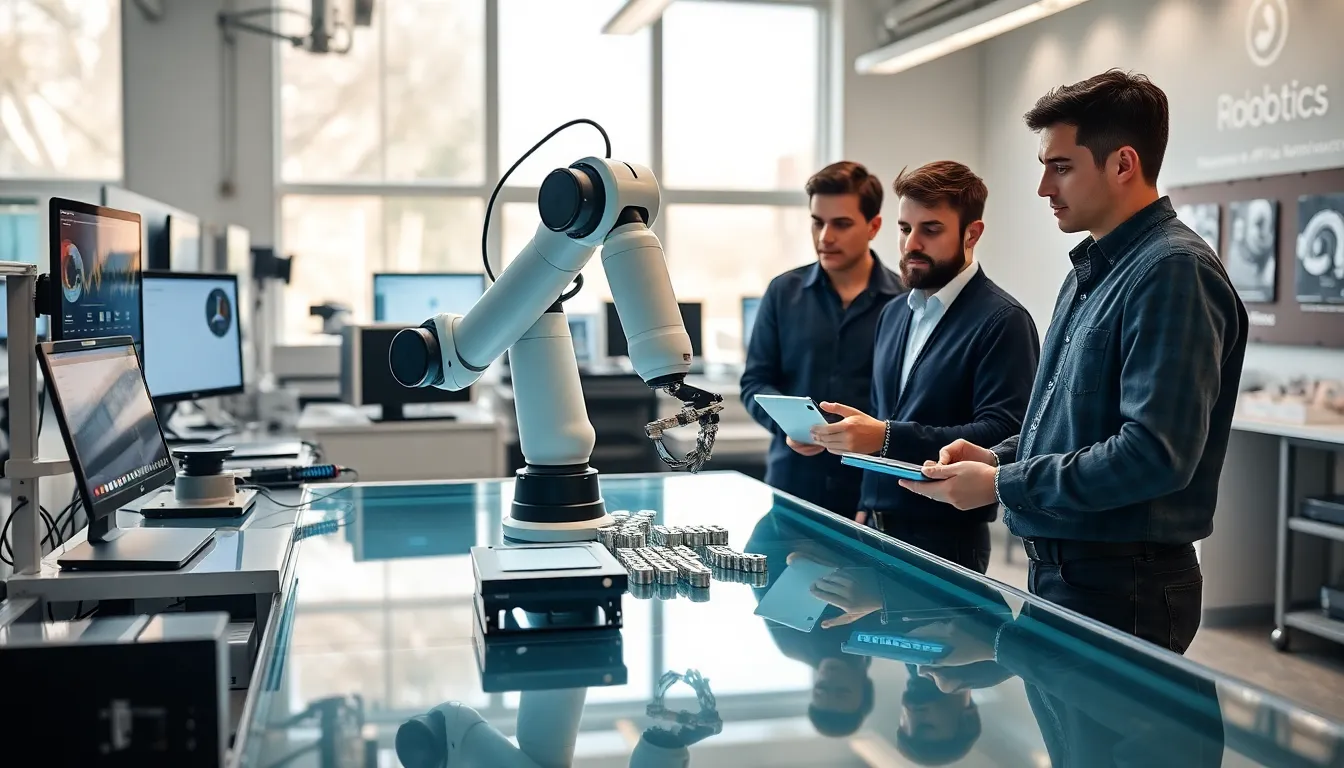 engineers collaborating with a robotic arm in a modern lab.