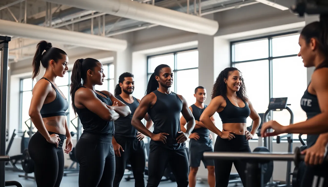 diverse fitness trainers demonstrating elite training techniques in a modern gym.