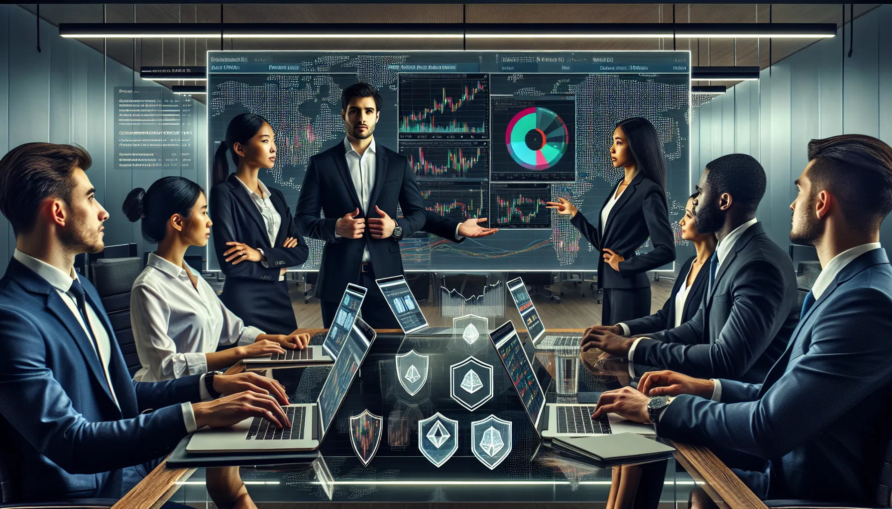 Professional traders collaborating around crypto trading dashboards in modern UK office.