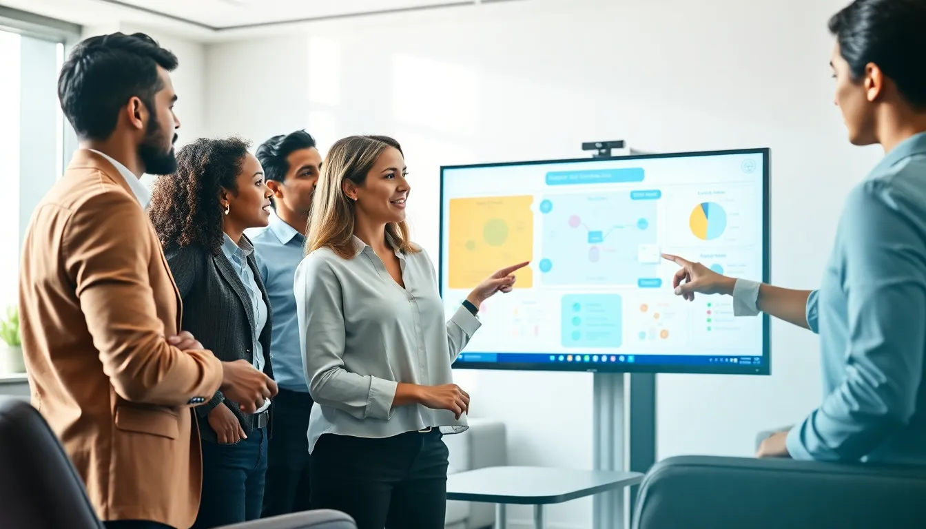 diverse team collaborating on a low code data integration platform in a modern office.