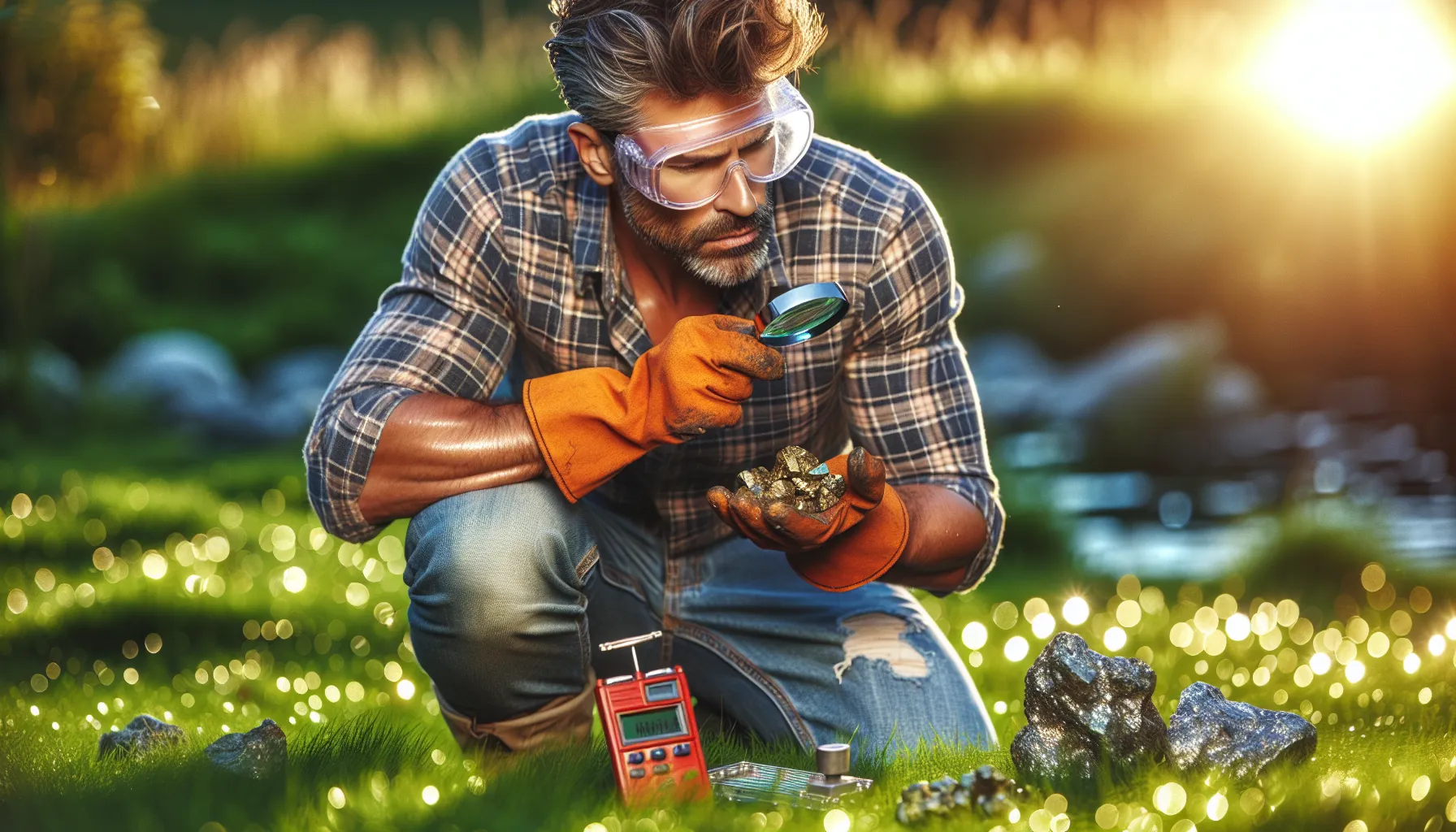 A man examining a shiny mineral outdoors with tools nearby.