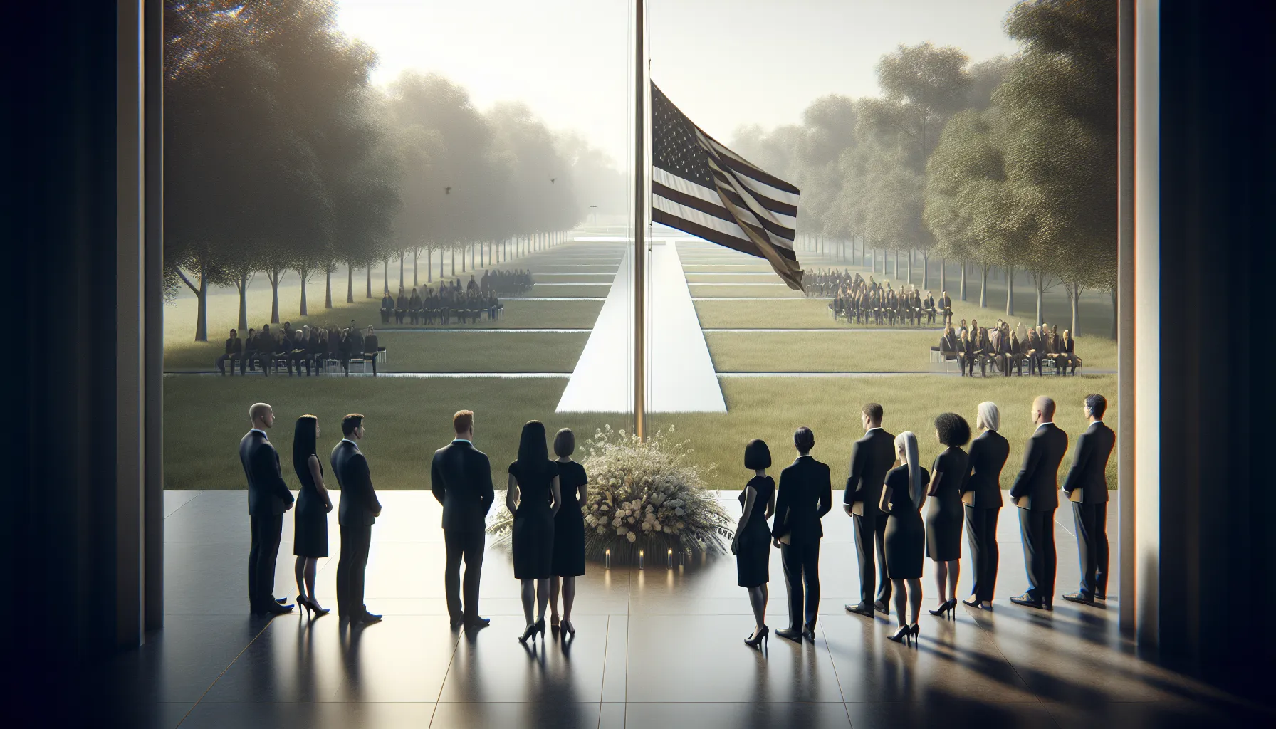 diverse group near a flag in a memorial setting.