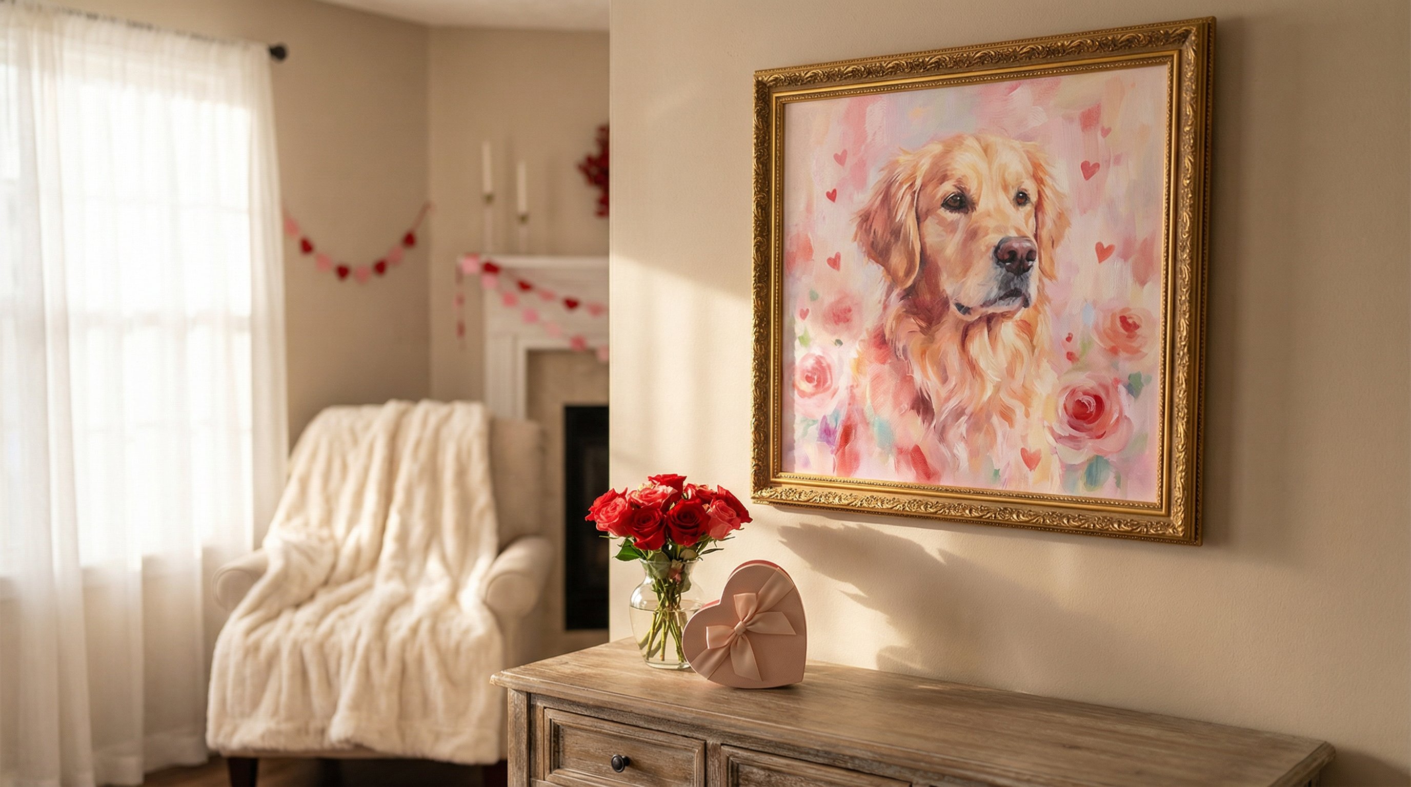 Framed Valentine's-themed custom dog portrait on a cozy living room wall.