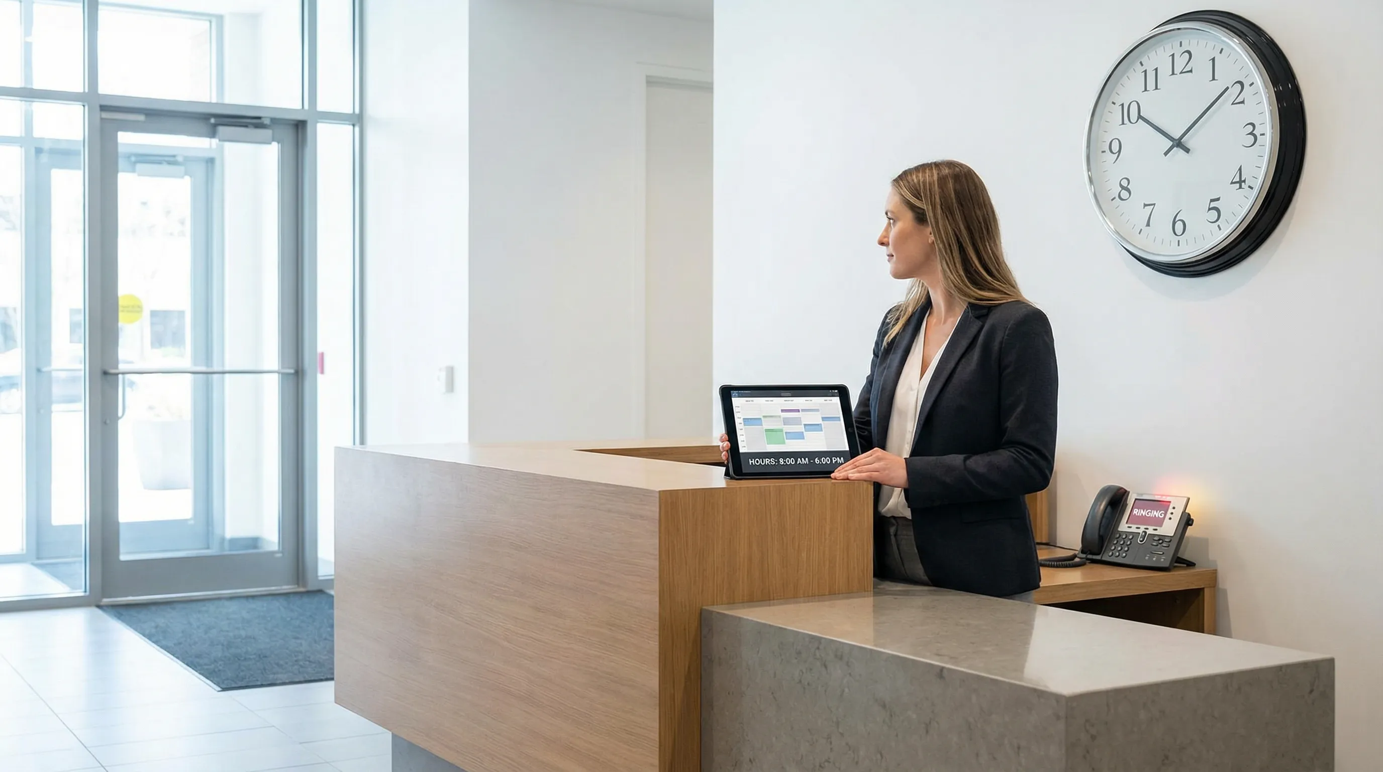 Receptionist at a front counter verifying accurate business hours and contact details on a tablet in a bright, modern lobby.
