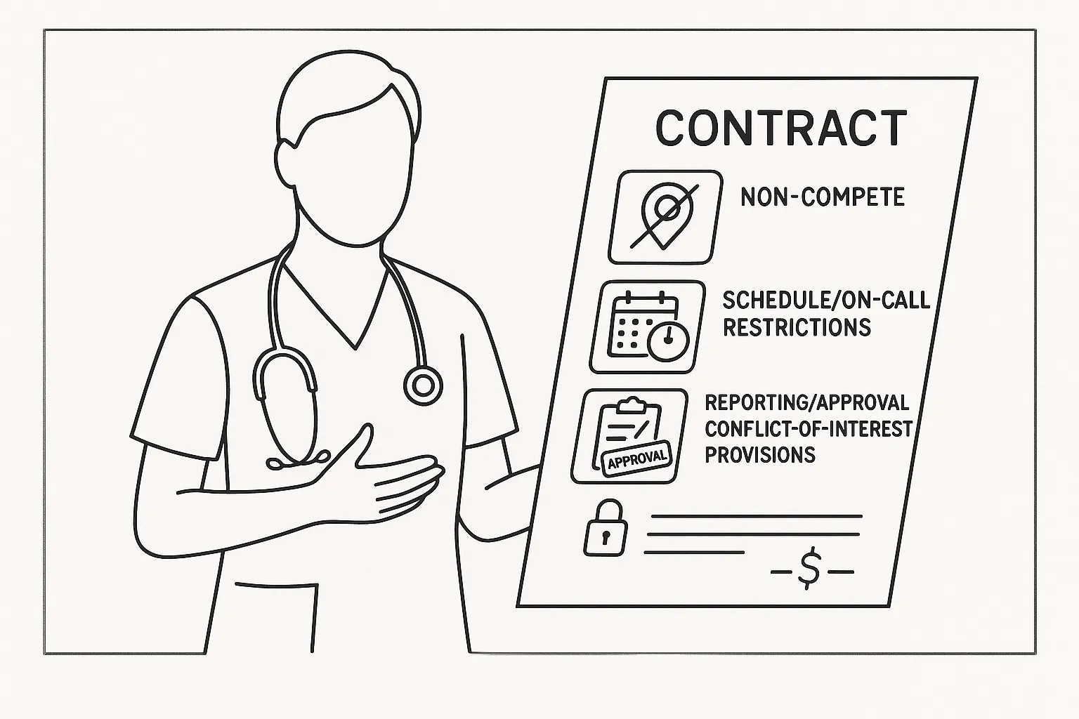 Nurse practitioner holding a contract highlighting non-compete, schedule, and approval icons.