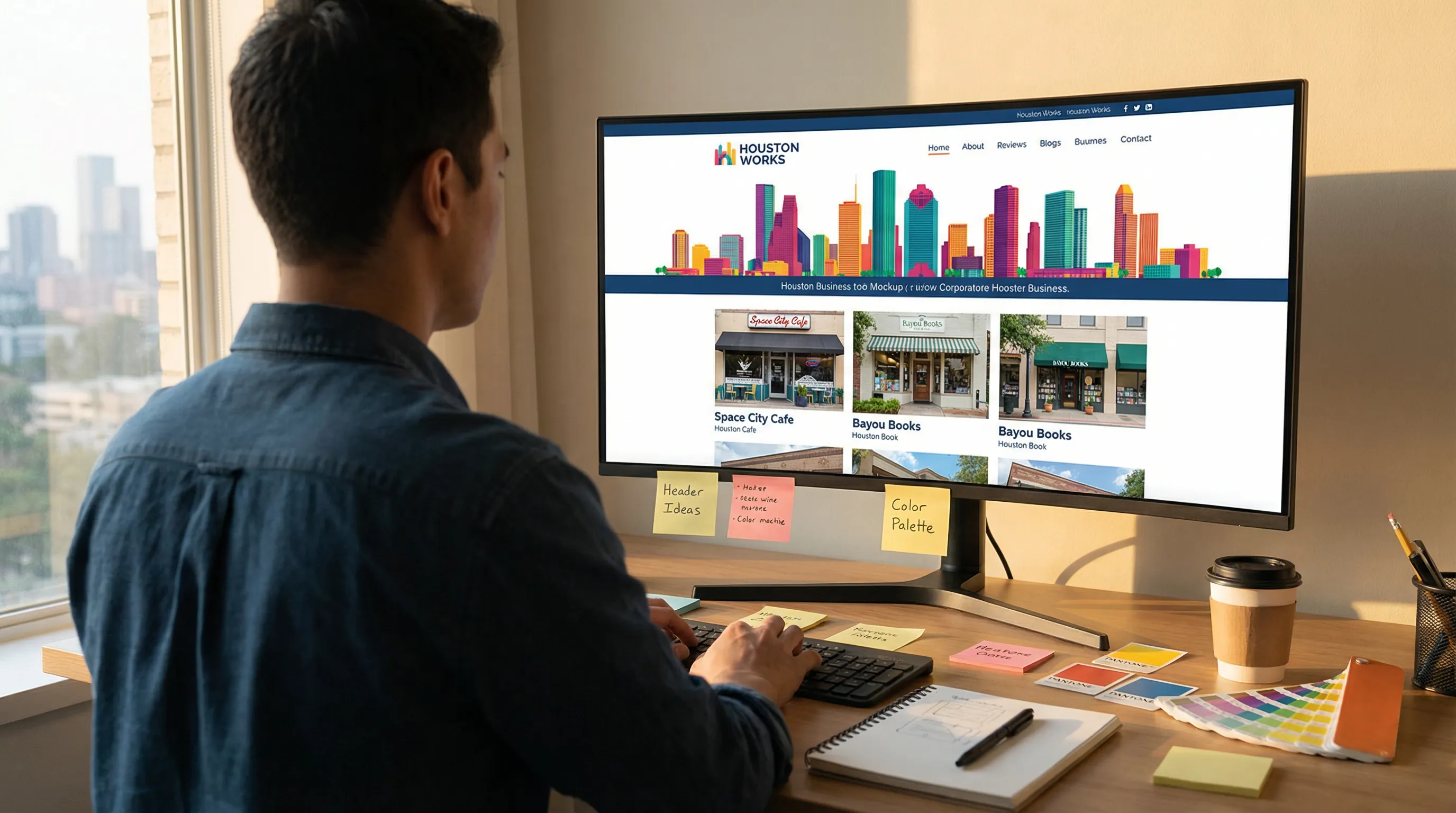 Designer reviewing a custom Houston-focused business website mockup on a large monitor in a modern office.