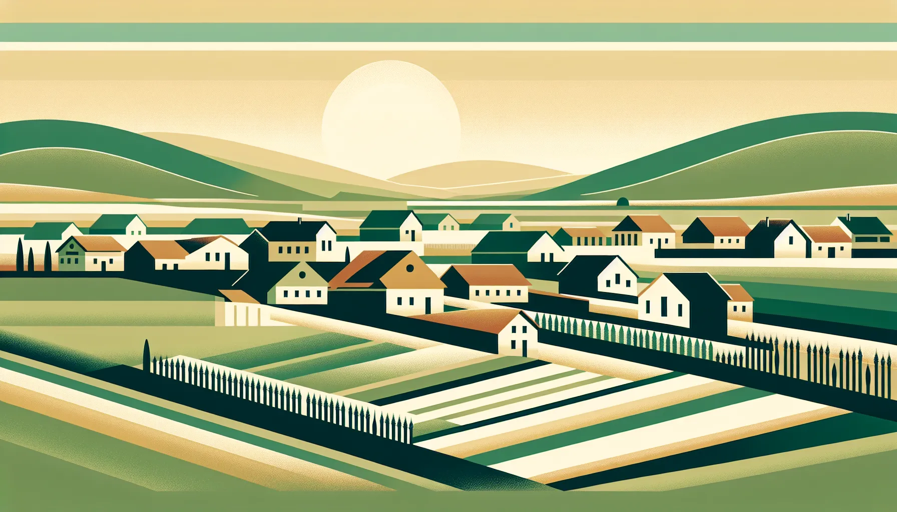 Minimalist village scene with simple houses and fields in Vojvodina countryside