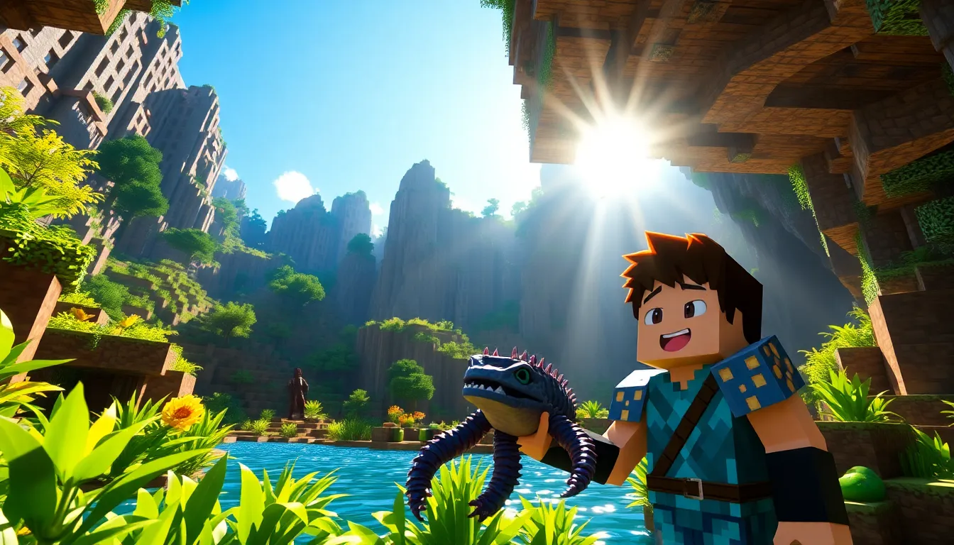 A Minecraft player exploring lush caves with an axolotl and a warden in the background.