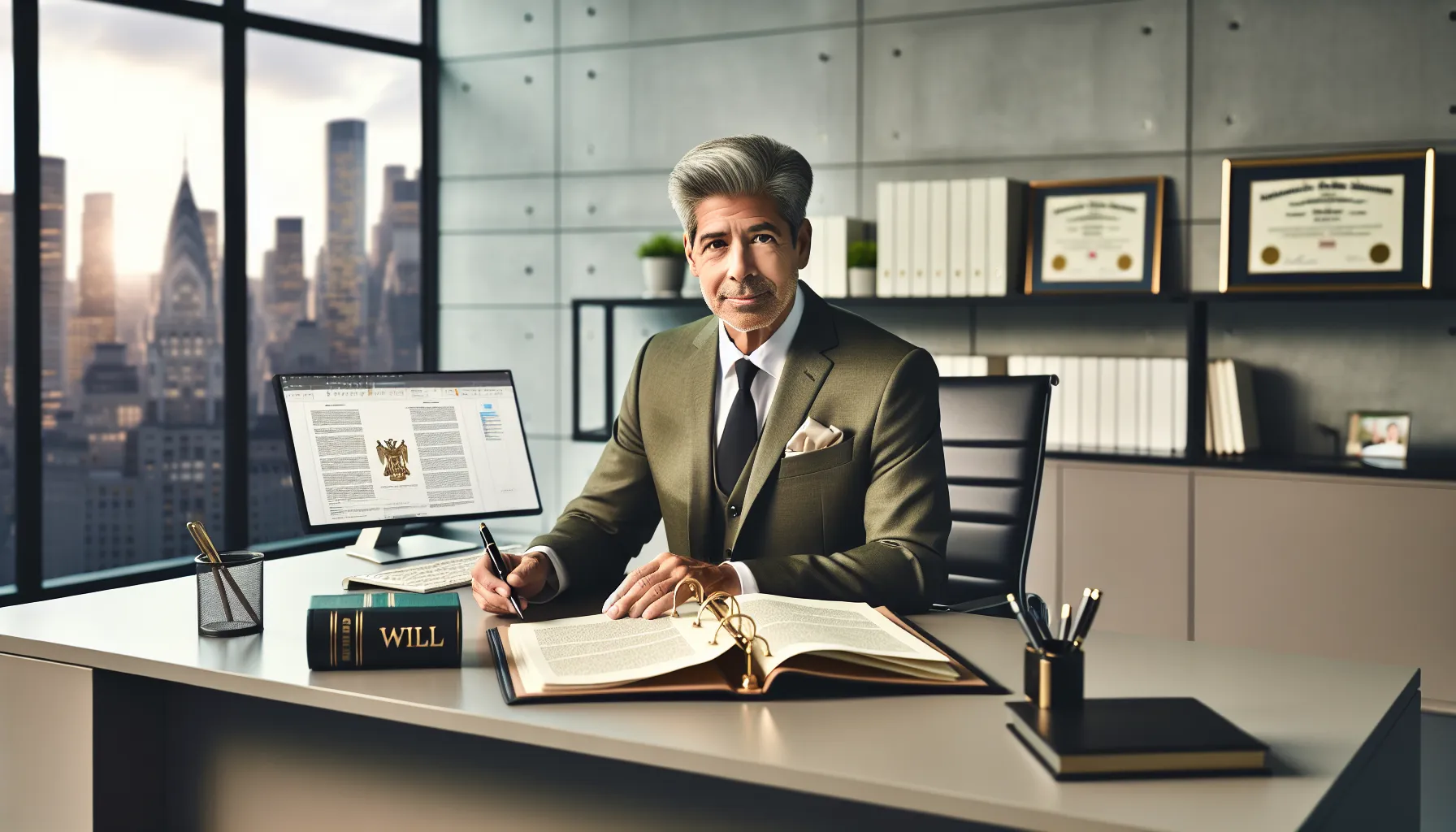 Croatian lawyer reviewing will documents in modern Zagreb office