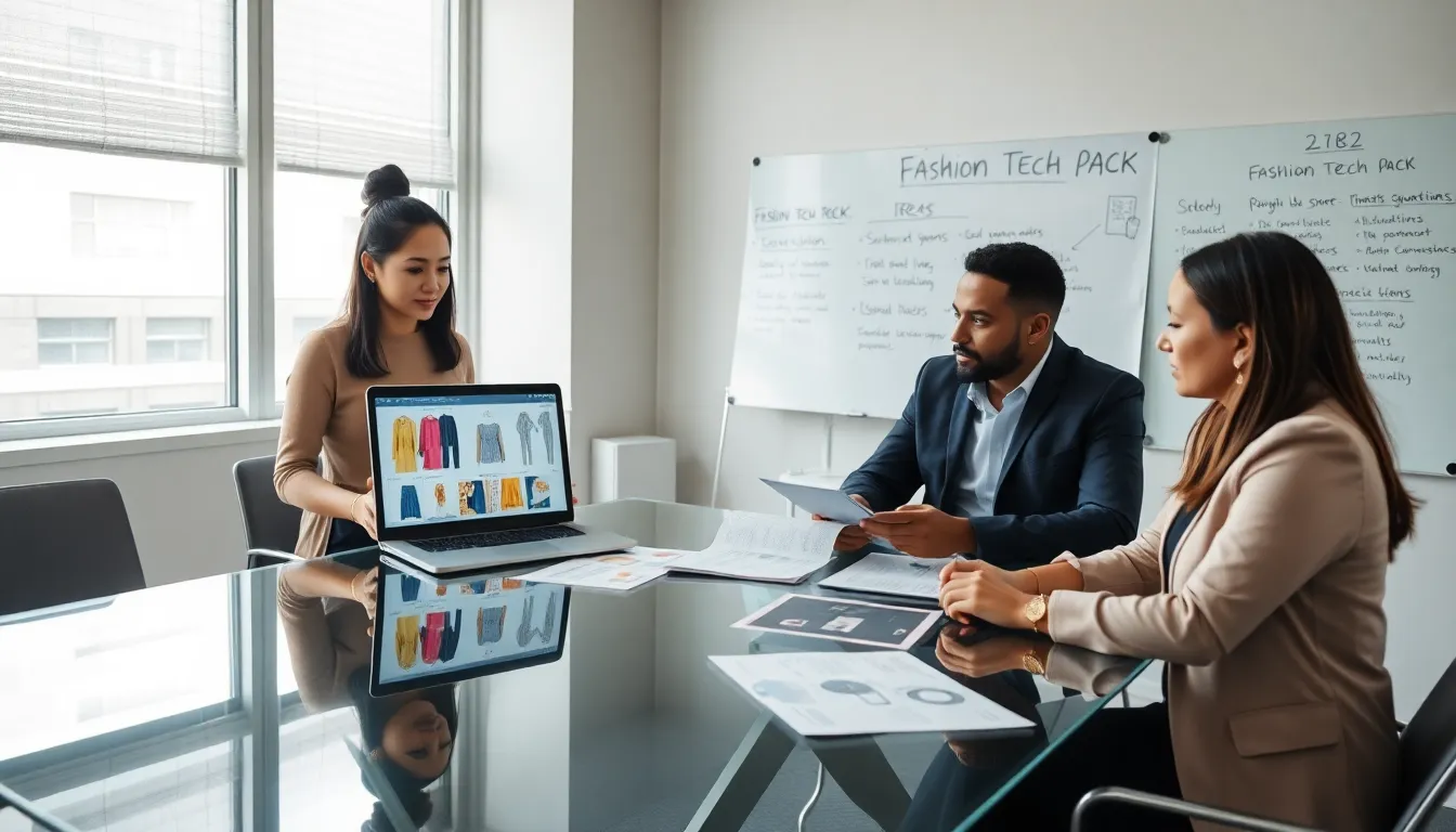 design team reviewing a fashion tech pack in a modern office.